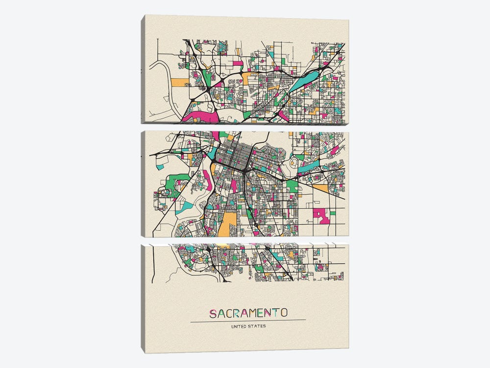 Sacramento, California Map by Ayse Deniz Akerman 3-piece Canvas Artwork