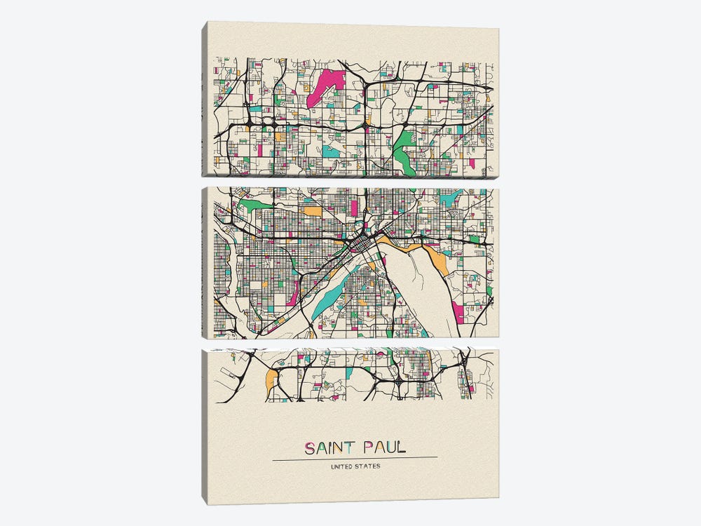 Saint Paul, Minnesota Map by Ayse Deniz Akerman 3-piece Canvas Print