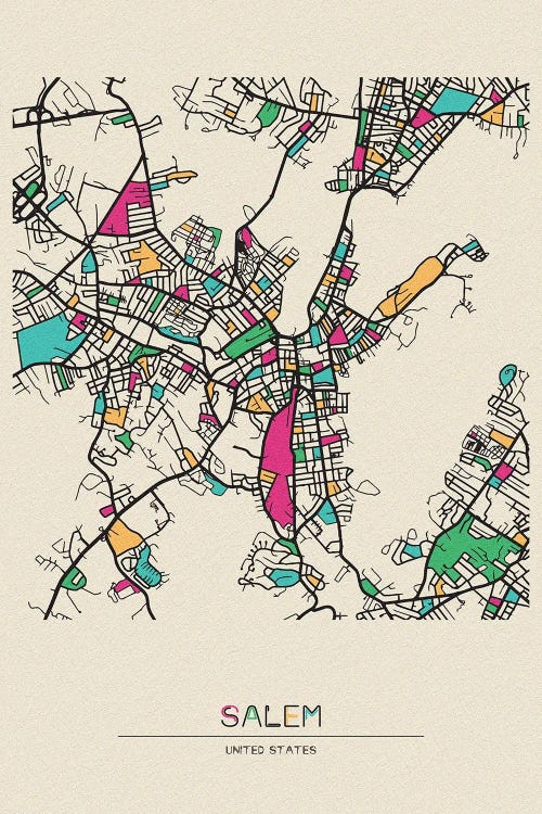 Salem, Massachusetts Map by Ayse Deniz Akerman wall art