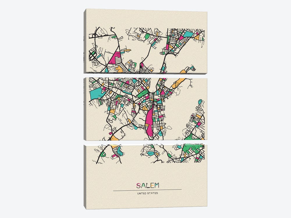 Salem, Massachusetts Map by Ayse Deniz Akerman 3-piece Art Print