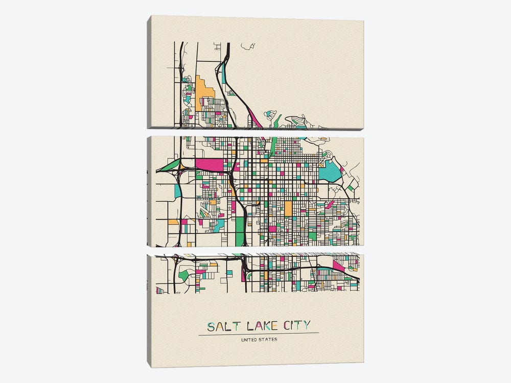 Salt Lake City, Utah Map by Ayse Deniz Akerman 3-piece Canvas Art