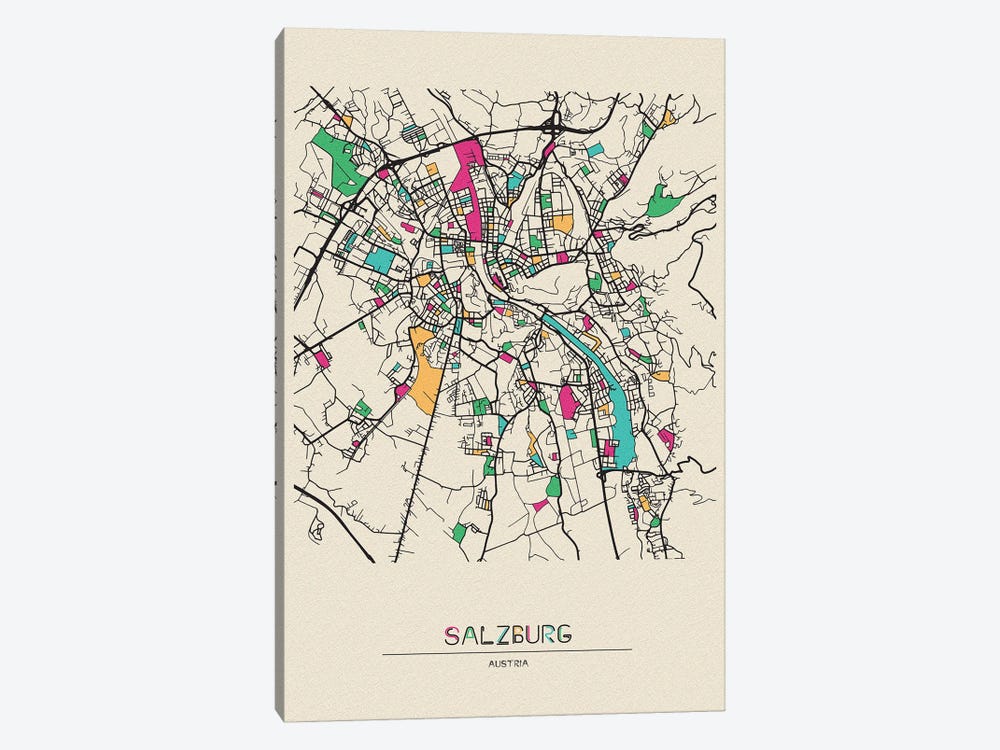 Salzburg, Austria Map by Ayse Deniz Akerman 1-piece Canvas Art Print