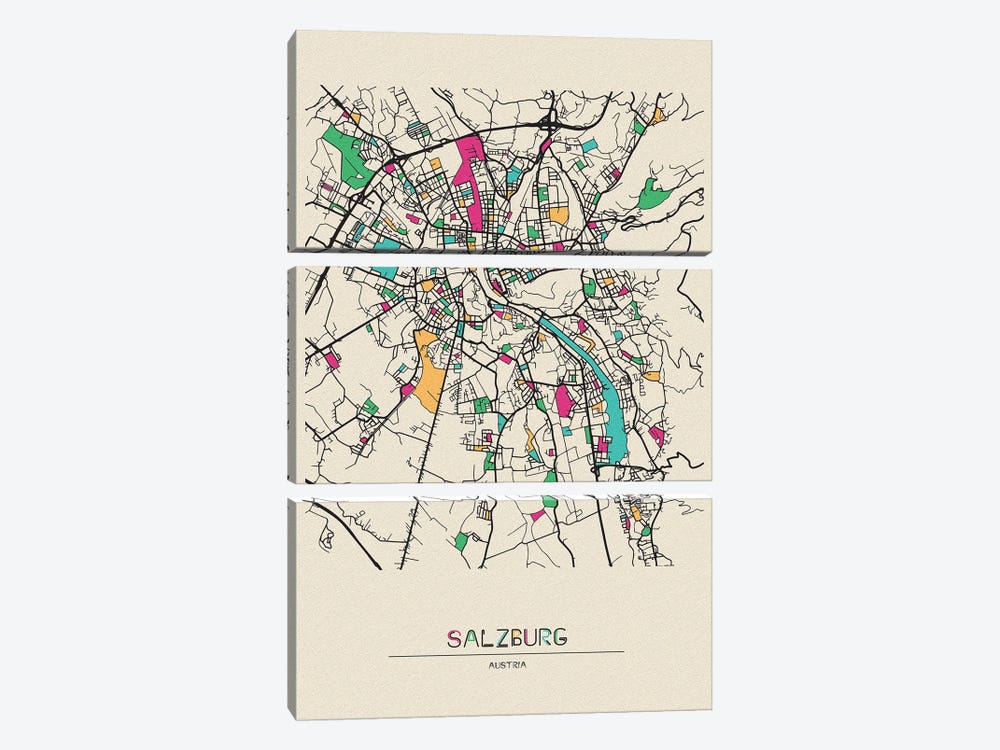 Salzburg, Austria Map by Ayse Deniz Akerman 3-piece Canvas Art Print