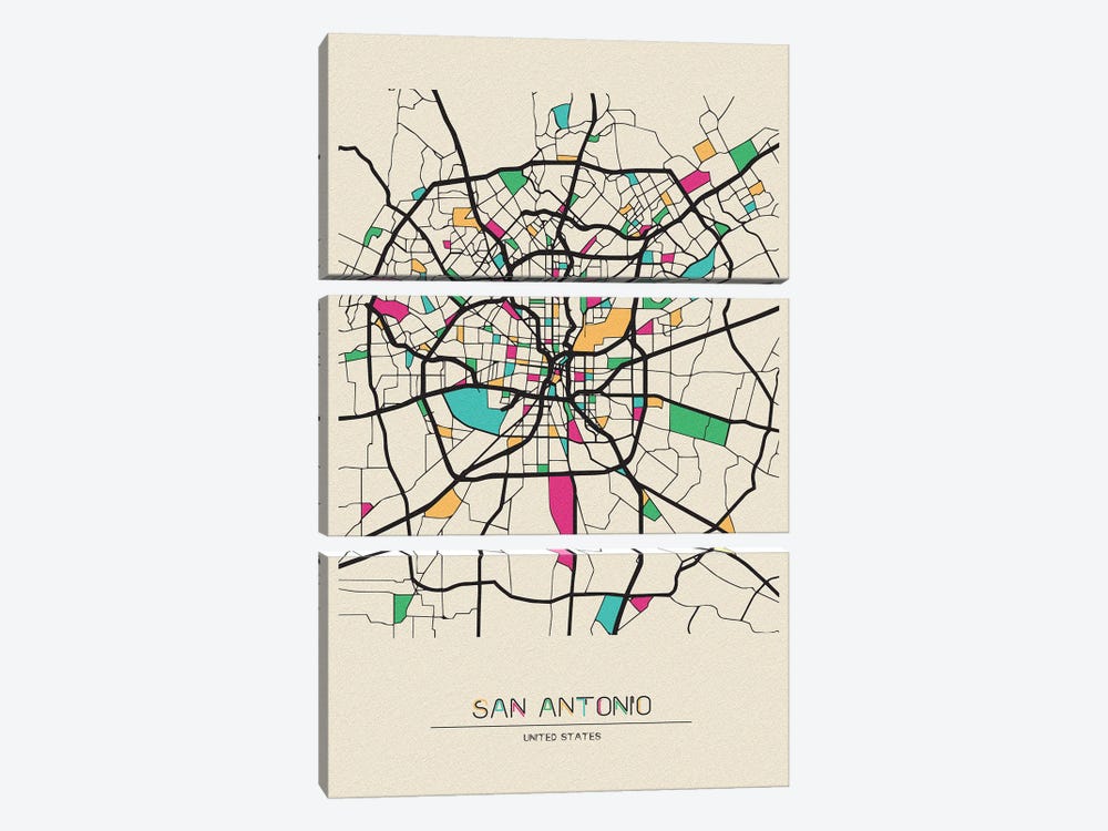 San Antonio, Texas Map by Ayse Deniz Akerman 3-piece Canvas Artwork
