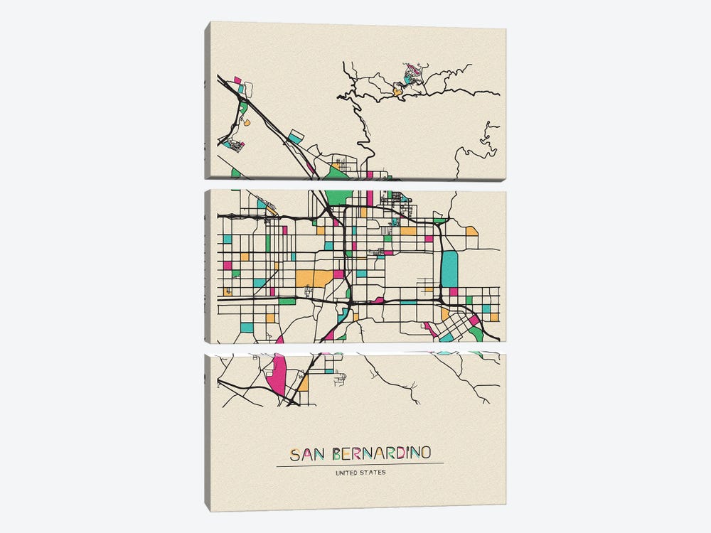 San Bernardino, California Map by Ayse Deniz Akerman 3-piece Canvas Print