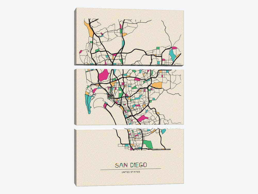 San Diego, California Map by Ayse Deniz Akerman 3-piece Canvas Print