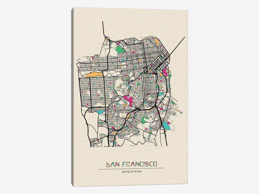 San Francisco, California Map by Ayse Deniz Akerman 1-piece Canvas Art