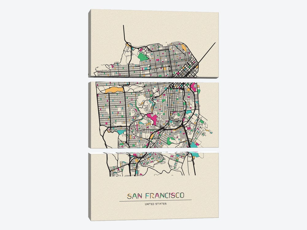 San Francisco, California Map by Ayse Deniz Akerman 3-piece Canvas Artwork