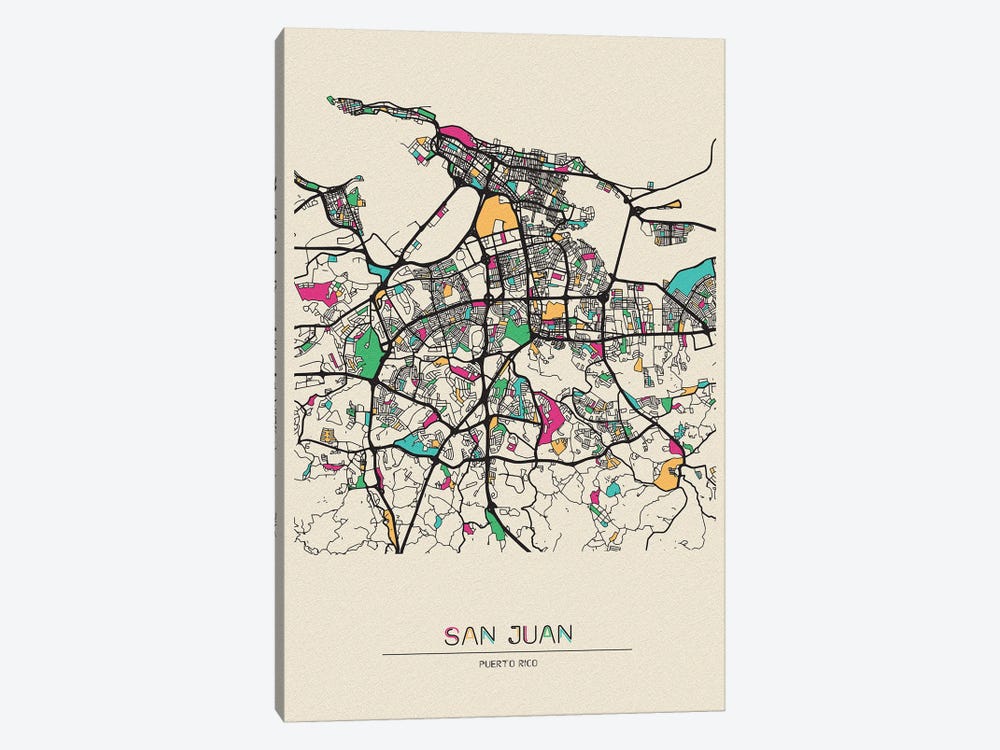 San Juan, Puerto Rico Map by Ayse Deniz Akerman 1-piece Canvas Art