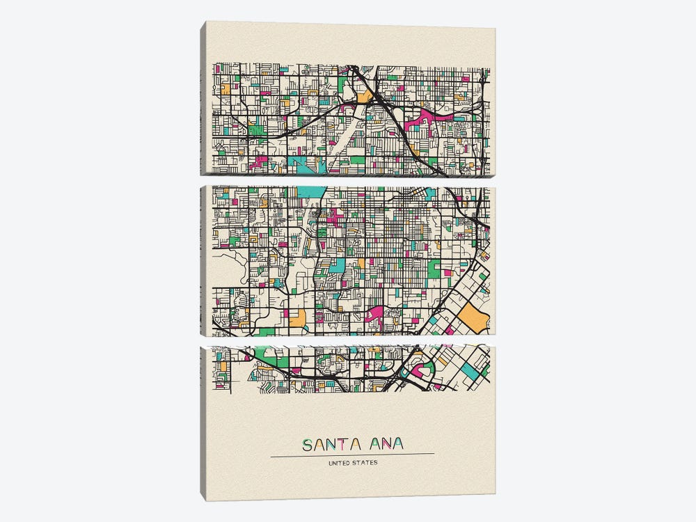 Santa Ana, California Map by Ayse Deniz Akerman 3-piece Canvas Art