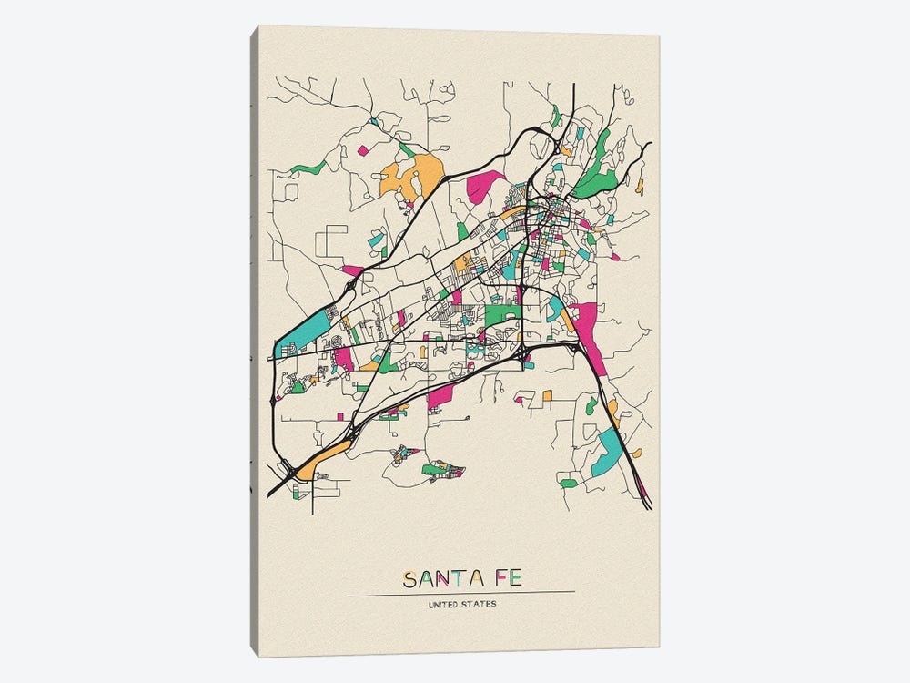Santa Fe, New Mexico Map by Ayse Deniz Akerman 1-piece Canvas Art Print