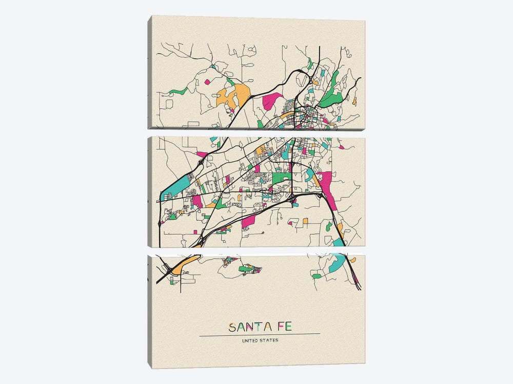 Santa Fe, New Mexico Map by Ayse Deniz Akerman 3-piece Canvas Art Print
