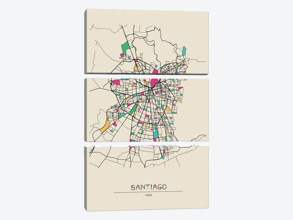 Santiago, Chile Map by Ayse Deniz Akerman 3-piece Art Print