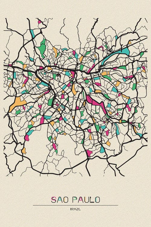 Sao Paulo, Brazil Map by Ayse Deniz Akerman wall art