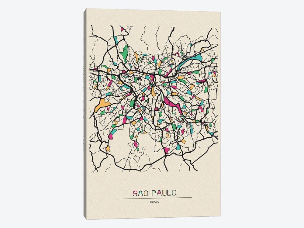 Sao Paulo, Brazil Map by Ayse Deniz Akerman 1-piece Canvas Art