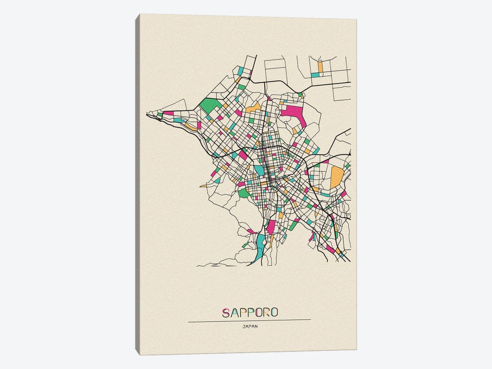 Sapporo, Japan Map by Ayse Deniz Akerman 1-piece Canvas Artwork