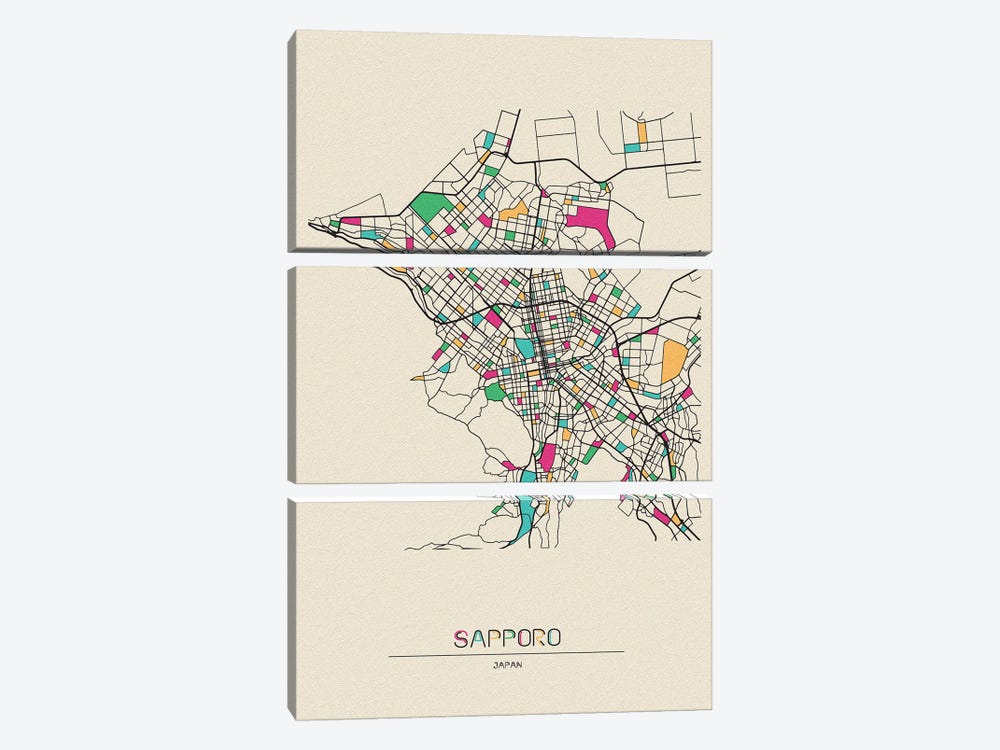 Sapporo, Japan Map by Ayse Deniz Akerman 3-piece Canvas Wall Art