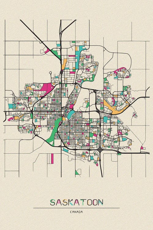 Saskatoon, Canada Map by Ayse Deniz Akerman wall art