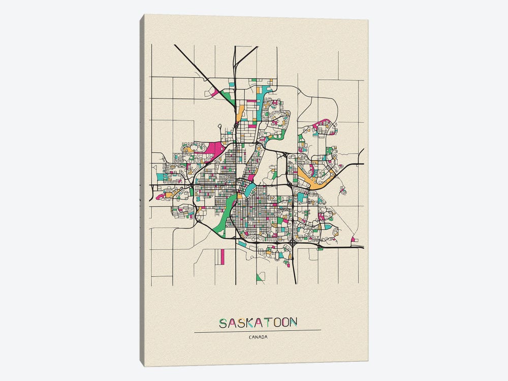 Saskatoon, Canada Map by Ayse Deniz Akerman 1-piece Canvas Art Print