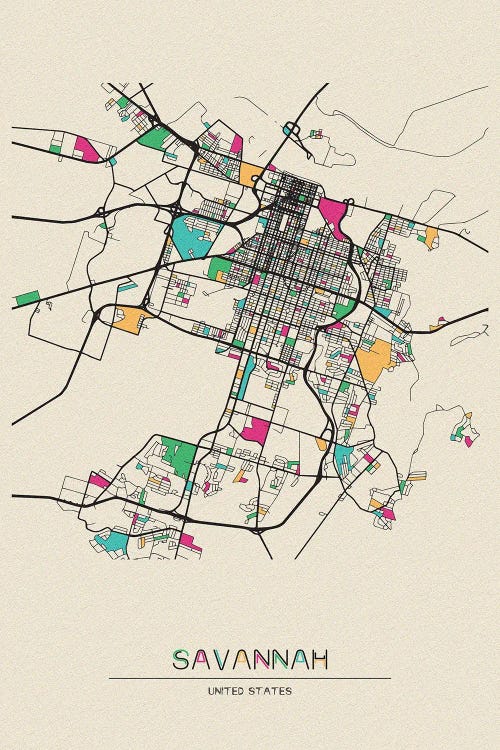 Savannah, Georgia Map by Ayse Deniz Akerman canvas print
