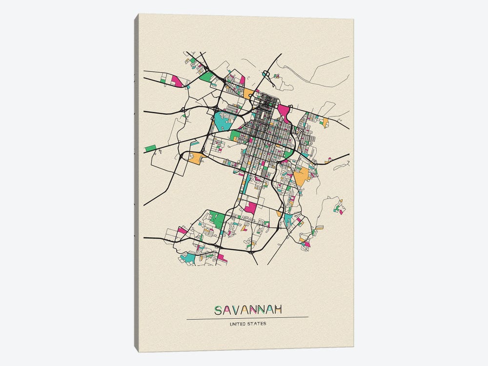 Savannah, Georgia Map by Ayse Deniz Akerman 1-piece Canvas Wall Art