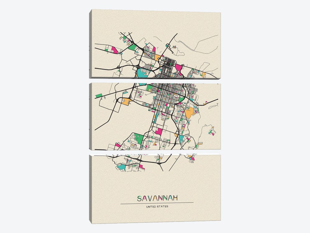 Savannah, Georgia Map by Ayse Deniz Akerman 3-piece Canvas Art