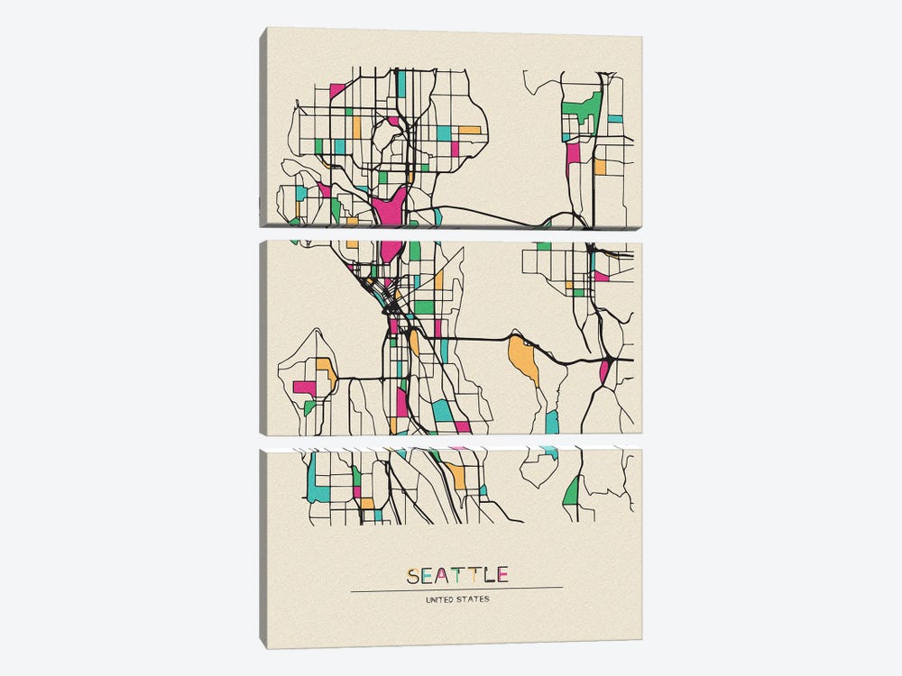 Seattle, Washington Map by Ayse Deniz Akerman 3-piece Canvas Print