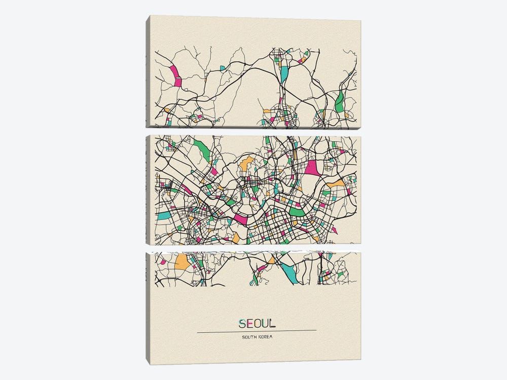 Seoul, South Korea Map by Ayse Deniz Akerman 3-piece Canvas Art Print