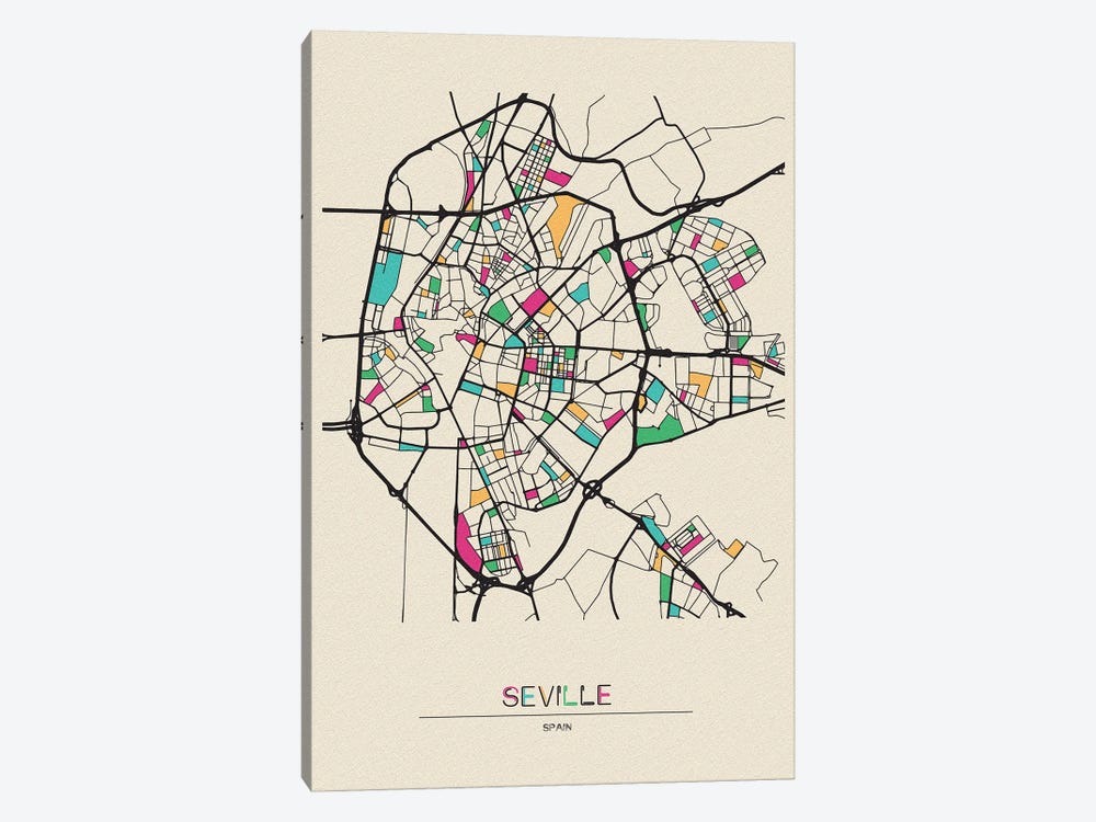 Seville, Spain Map by Ayse Deniz Akerman 1-piece Canvas Artwork