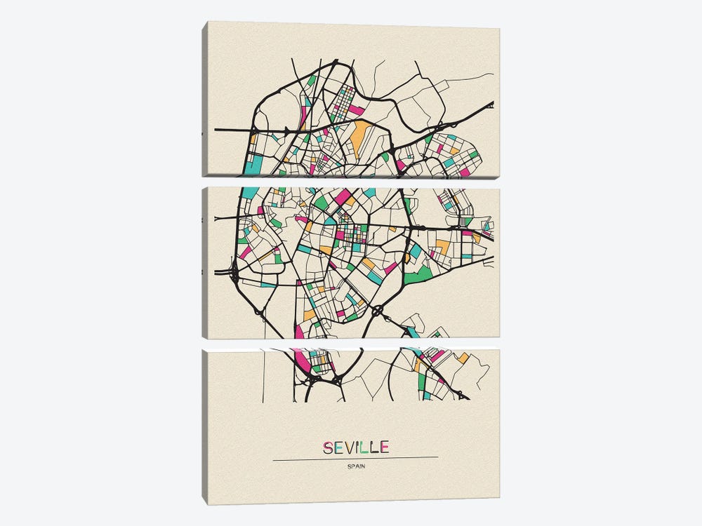 Seville, Spain Map by Ayse Deniz Akerman 3-piece Canvas Wall Art