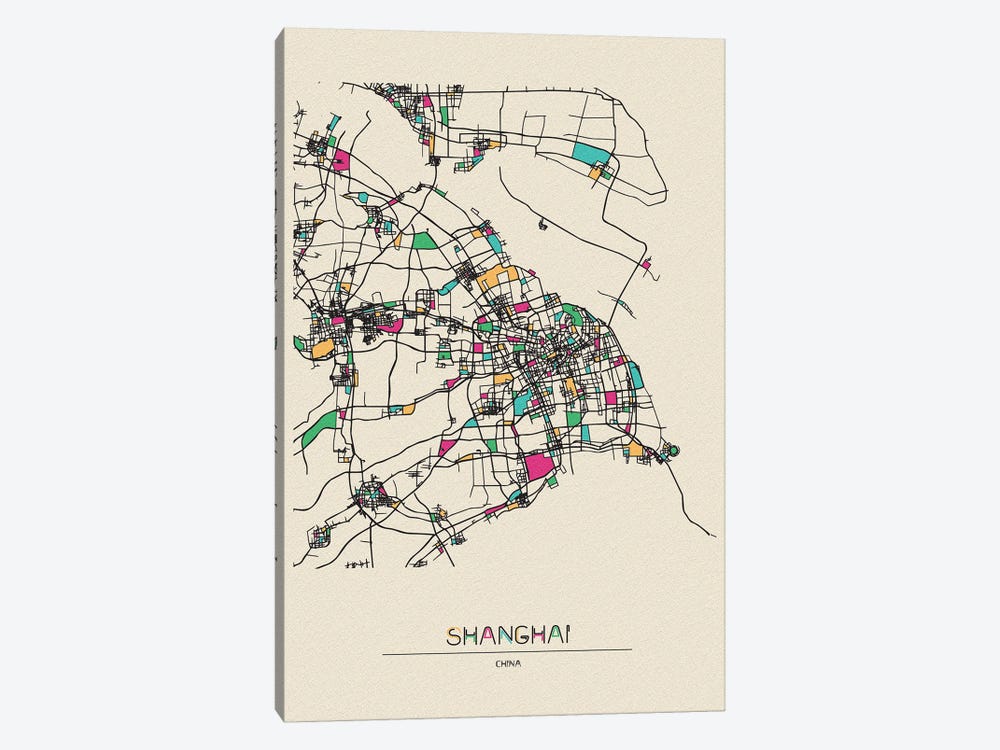 Shanghai, China Map by Ayse Deniz Akerman 1-piece Canvas Art Print