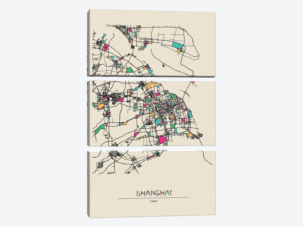 Shanghai, China Map by Ayse Deniz Akerman 3-piece Art Print