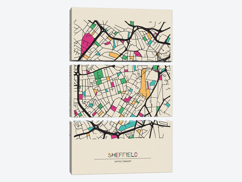 Sheffield, England Map by Ayse Deniz Akerman 3-piece Canvas Art