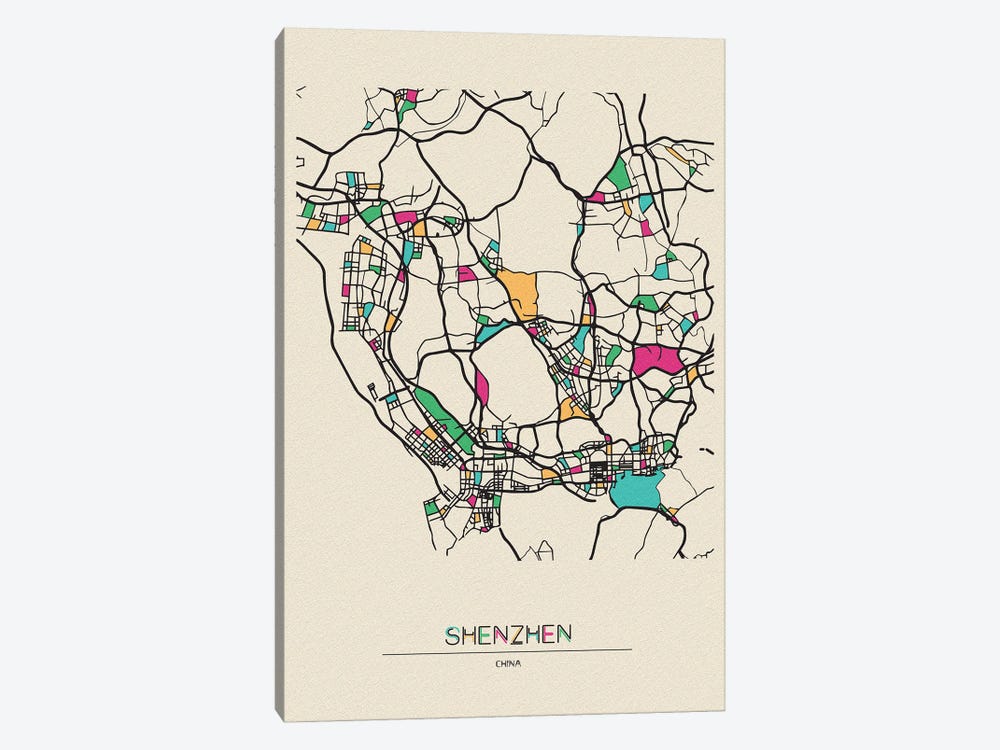 Shenzhen, China Map by Ayse Deniz Akerman 1-piece Canvas Print