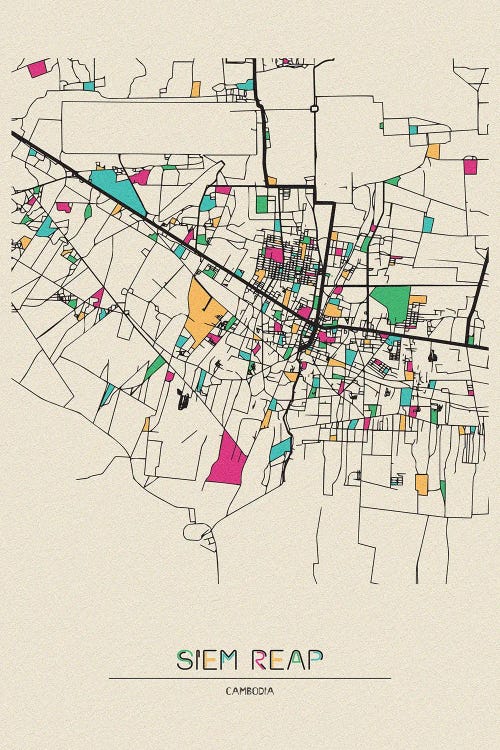 Siem Reap, Cambodia Map by Ayse Deniz Akerman wall art