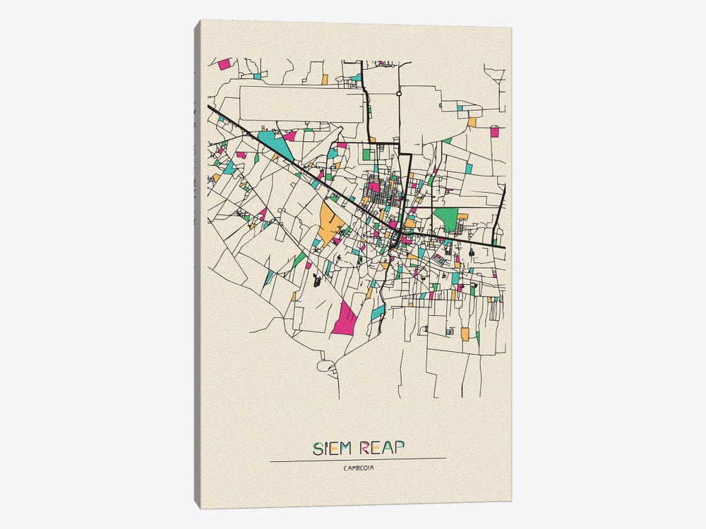 Siem Reap, Cambodia Map by Ayse Deniz Akerman 1-piece Canvas Art Print