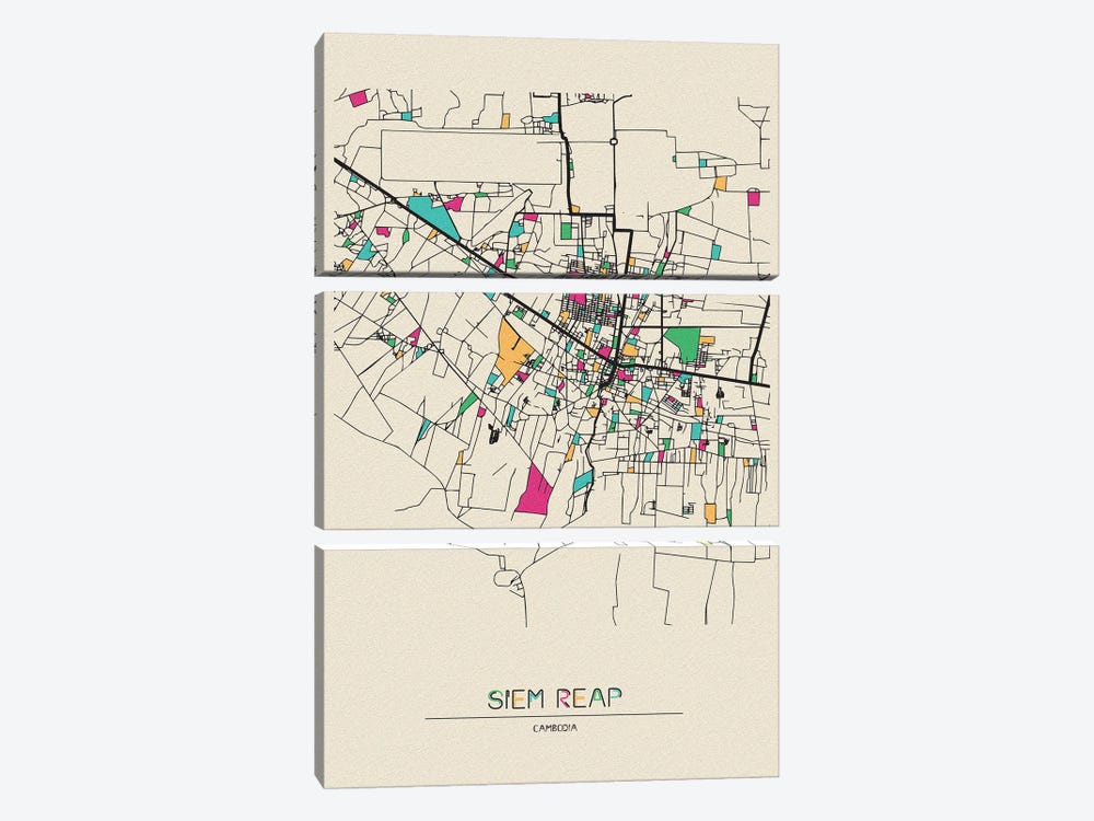 Siem Reap, Cambodia Map by Ayse Deniz Akerman 3-piece Canvas Print