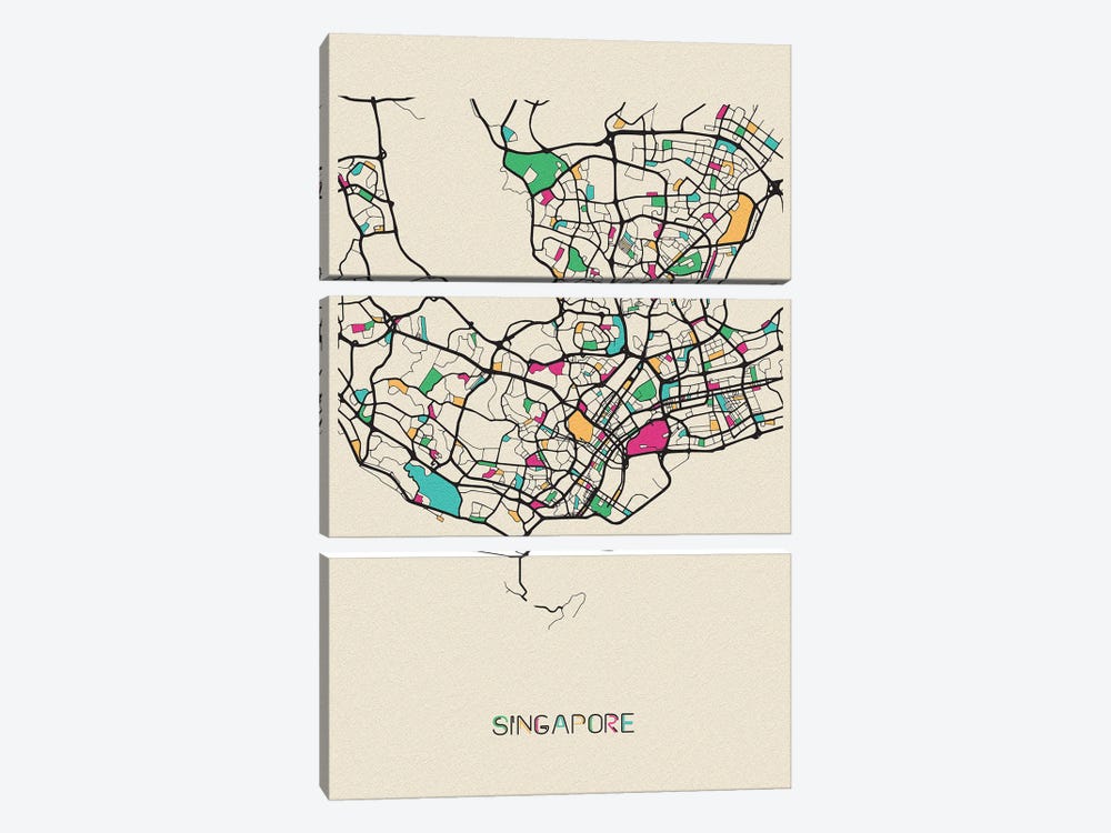 Singapore Map by Ayse Deniz Akerman 3-piece Canvas Art Print
