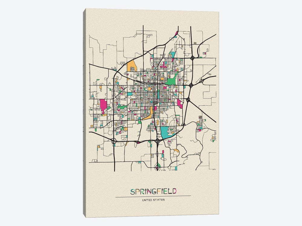 Springfield, Illinois Map by Ayse Deniz Akerman 1-piece Canvas Art Print