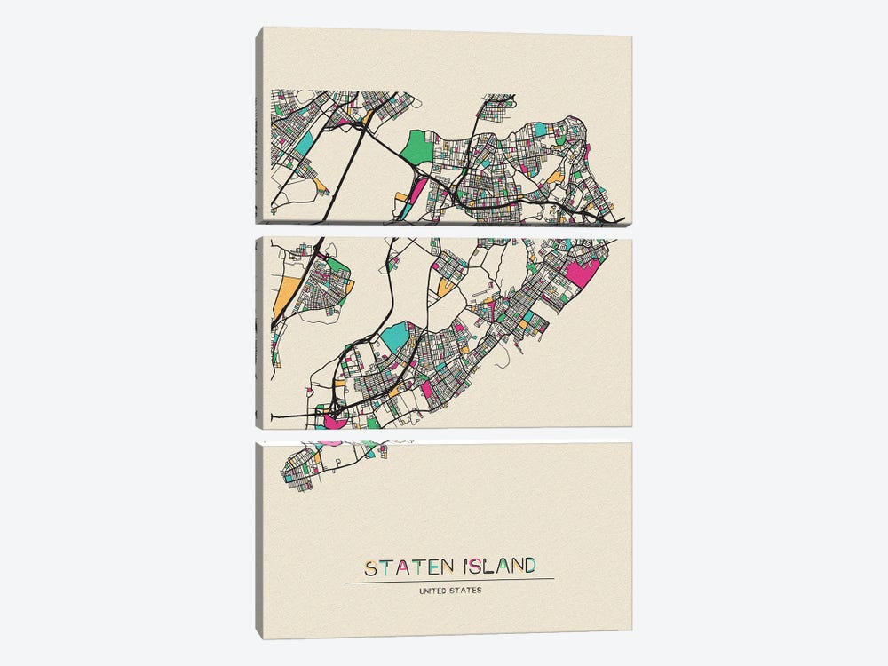 Staten Island, New York Map by Ayse Deniz Akerman 3-piece Canvas Print
