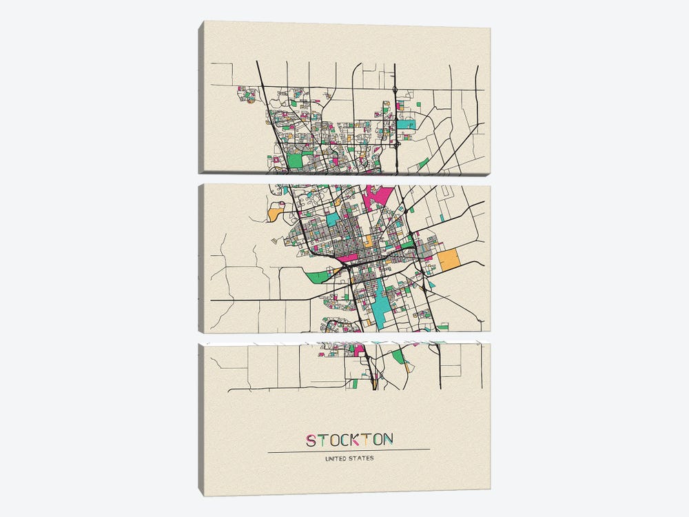 Stockton, California Map by Ayse Deniz Akerman 3-piece Canvas Art