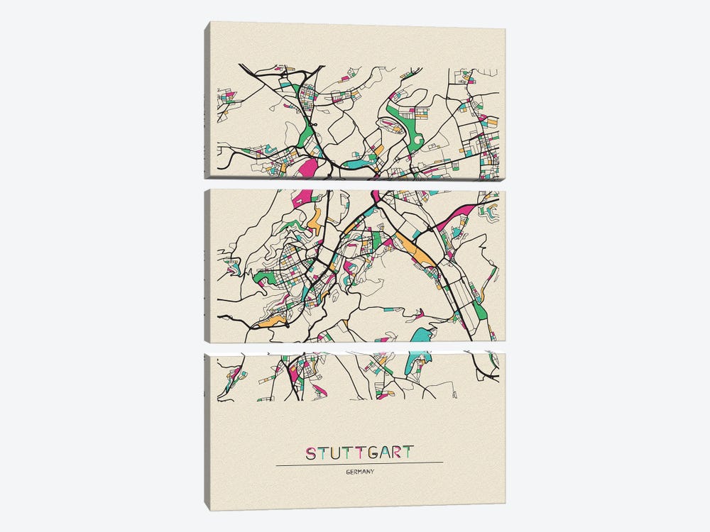 Stuttgart, Germany Map by Ayse Deniz Akerman 3-piece Canvas Print