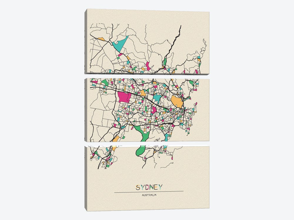 Sydney, Australia Map by Ayse Deniz Akerman 3-piece Canvas Art