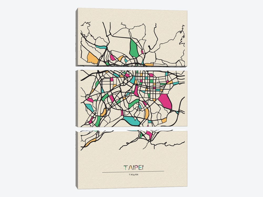 Taipei, Taiwan Map by Ayse Deniz Akerman 3-piece Canvas Art