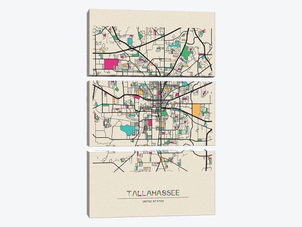 Tallahassee, Florida Map by Ayse Deniz Akerman 3-piece Canvas Print