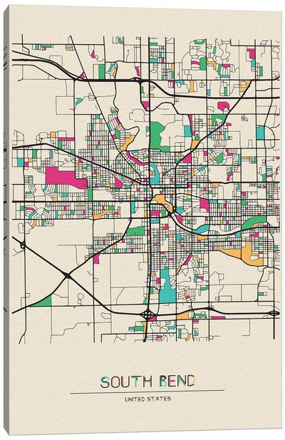 South Bend, Indiana Map Canvas Art Print - Ayse Deniz Akerman