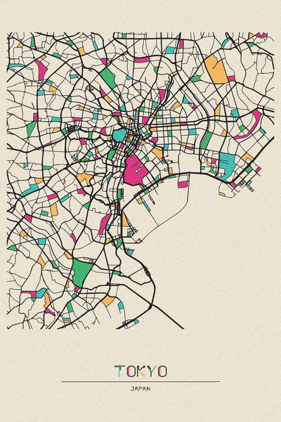 Tokyo, Japan Map by Ayse Deniz Akerman metal wall art
