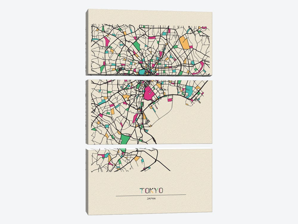 Tokyo, Japan Map by Ayse Deniz Akerman 3-piece Canvas Wall Art