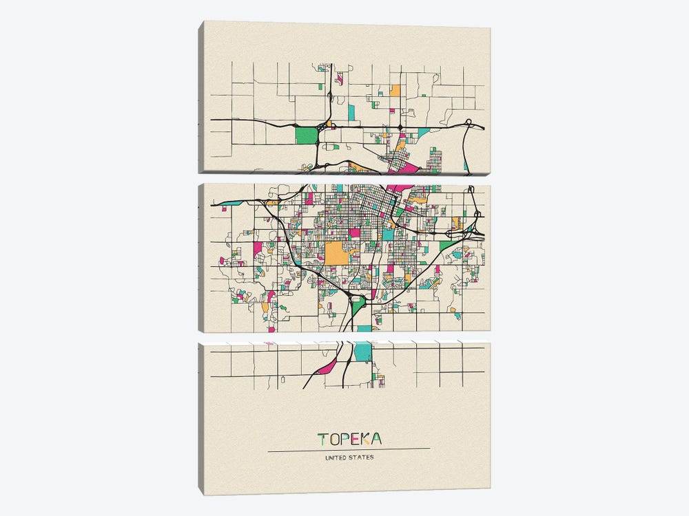 Topeka, Kansas Map 3-piece Art Print