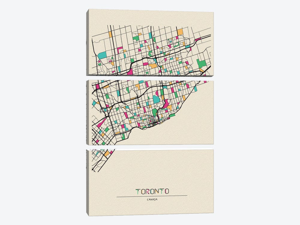 Toronto, Canada Map by Ayse Deniz Akerman 3-piece Canvas Wall Art